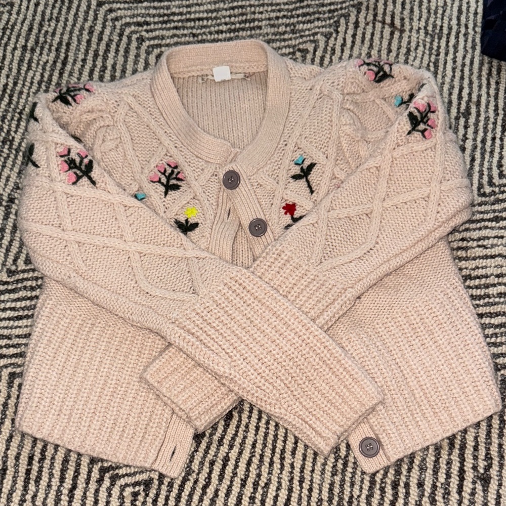 Kimchi Blue Cream Cable Knit Cardigan with Floral Embroidery